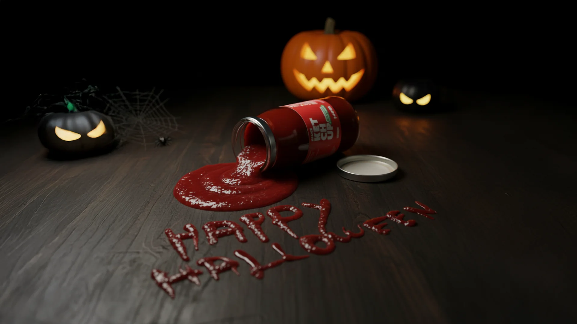 Image générée par intelligence artificielle pour Le Fourgon, représentant un pot de Ketchup renversé faisant penser à du sang dans le cadre de Halloween.