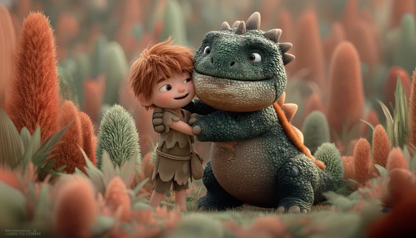 Visuel généré par IA pour Pétale, illustrant un petit garçon faisant un calin à un dinosaure.