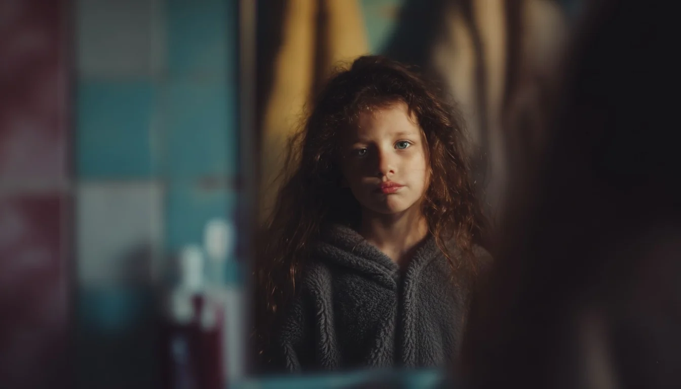 Affiche générée par IA, illustrant une petite fille se regardant dans un mirroir